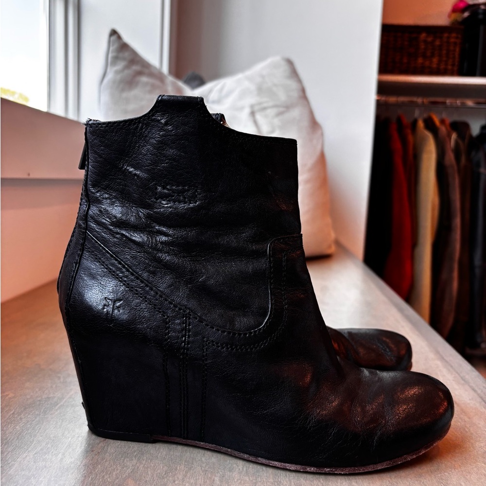 Frye Black Leather Wedge Ankle Boots